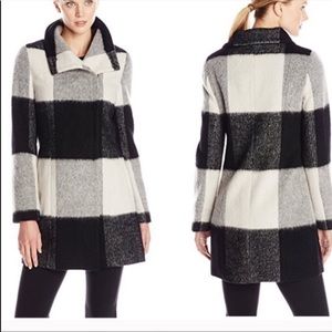 🍄Black and white plaid zip pea Elegance wool coat
